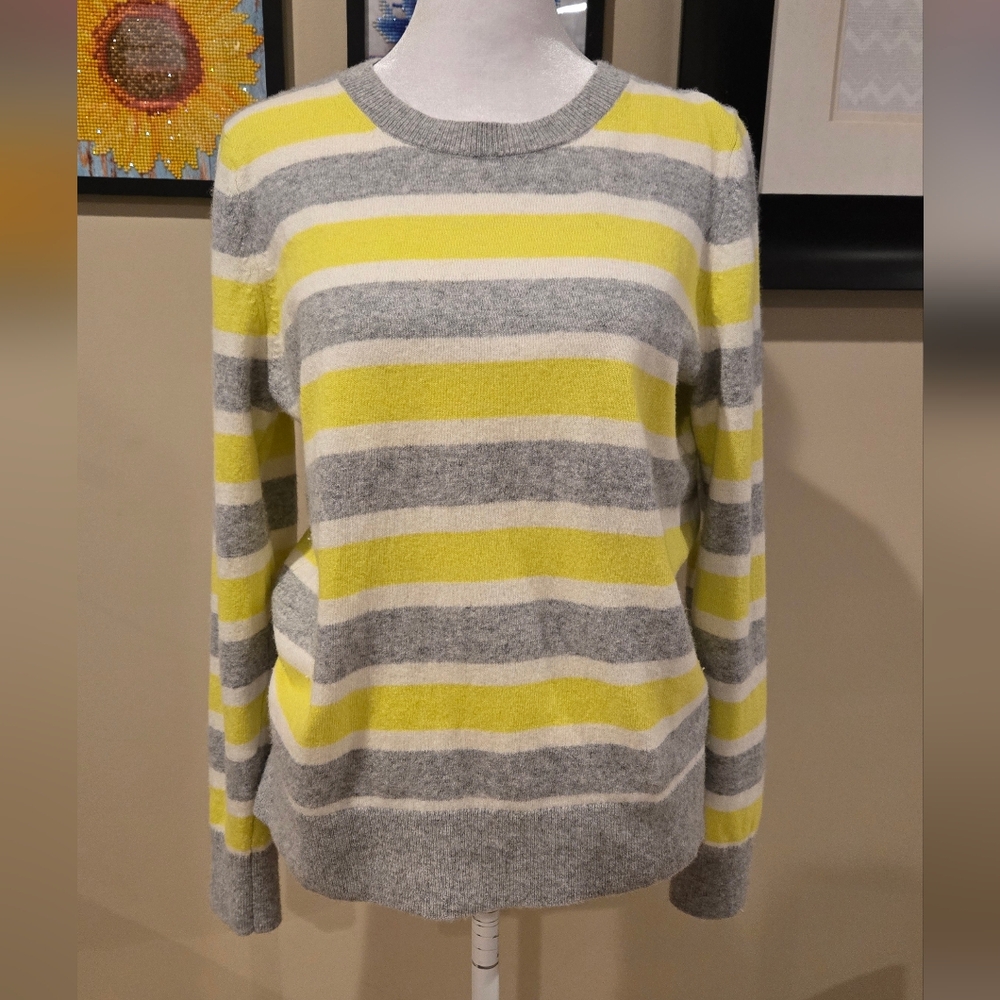 Banana Republic Yellow Gray White Wool Blend Stripe Crewneck Lightweight Sweater